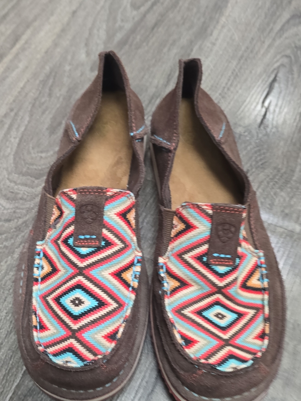 Ariat Brown Suede Slip-On Moccasins with Multicolor Geometric Weave